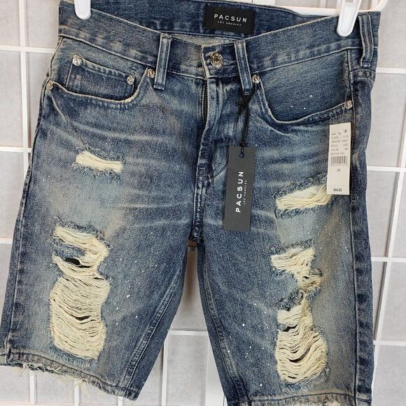 NWT - PacSun Distressed Speckled Long Shorts Size 28 Medium Indigo - Picture 1 of 6